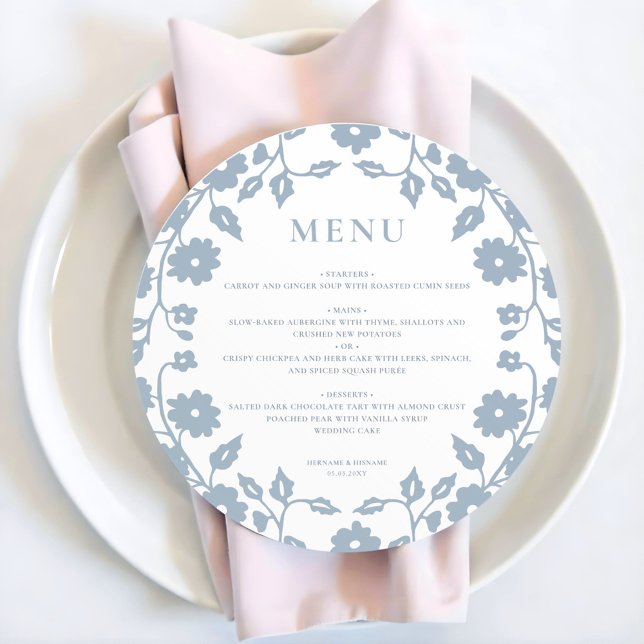 Round Charming Dusty Blue Folk Floral Wedding Menu (Creator Uploaded)