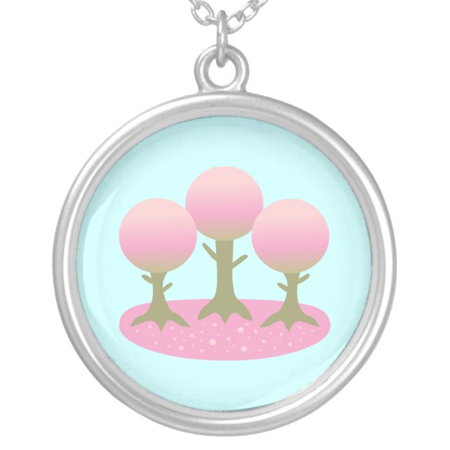 Round Cherry Blossom Trees Silver Plated Necklace (Front)