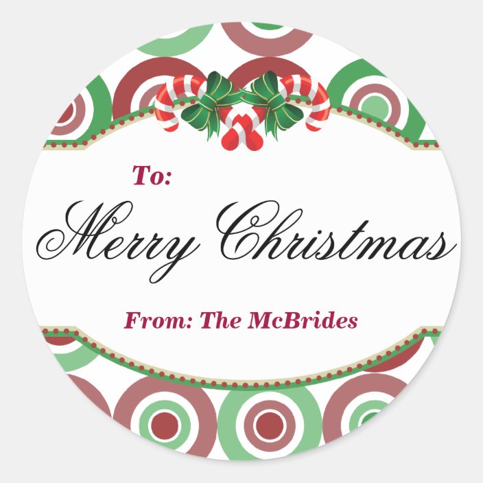 Round Christmas Candy Cane Gift Tag Sticker Zazzle Com
