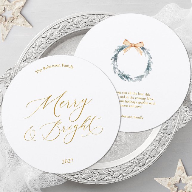 Round Christmas Card with Gold Script and Wreath (Creator Uploaded)