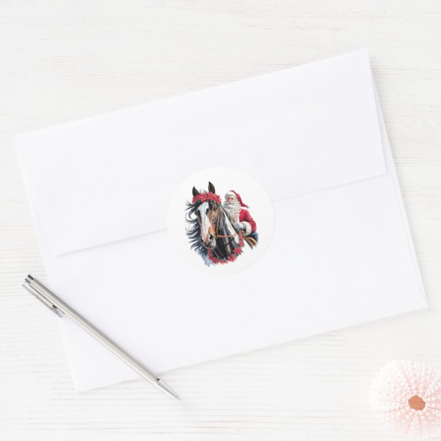 Round Christmas Sticker Santa on paint horse (Envelope)
