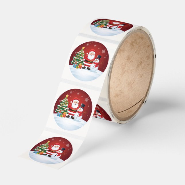 Round Christmas Sticker - Santa, Snowman & Tree  (Roll)