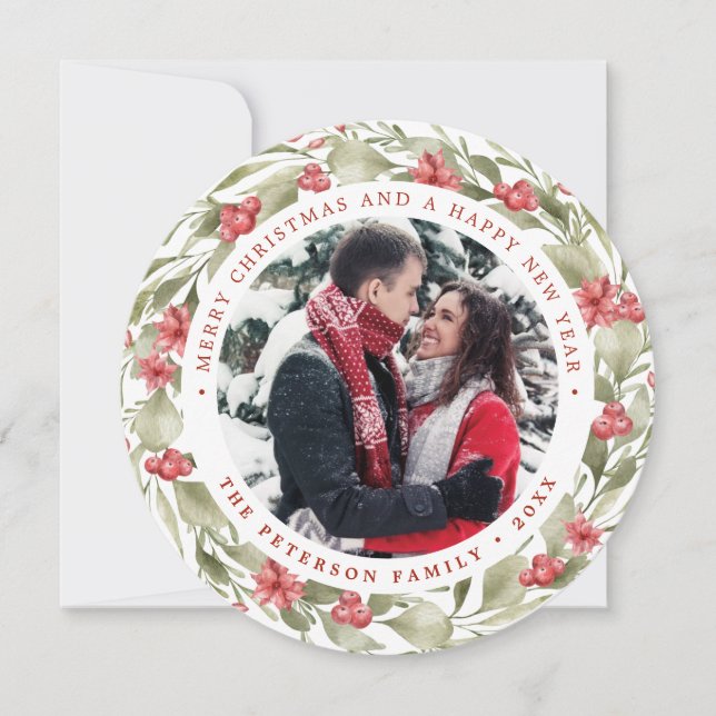 Round Christmas Wreath Photo Card (Front)