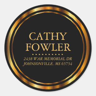 Round Circle Address - Black and Gold Classic Round Sticker