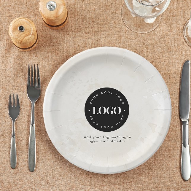 Round Circle Custom Company Logo Minimalist Marble Paper Plates (Creator Uploaded)