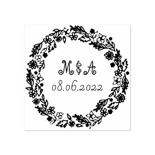 Round Circular Leaves Initial Logo Wedding Rubber Stamp
