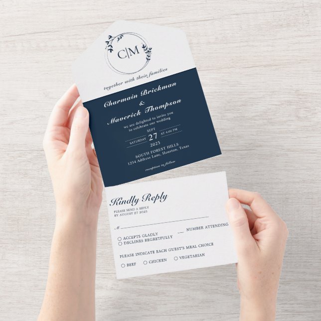 Round Classic Navy Blue Monogram Wedding All In One Invitation (Tearaway)