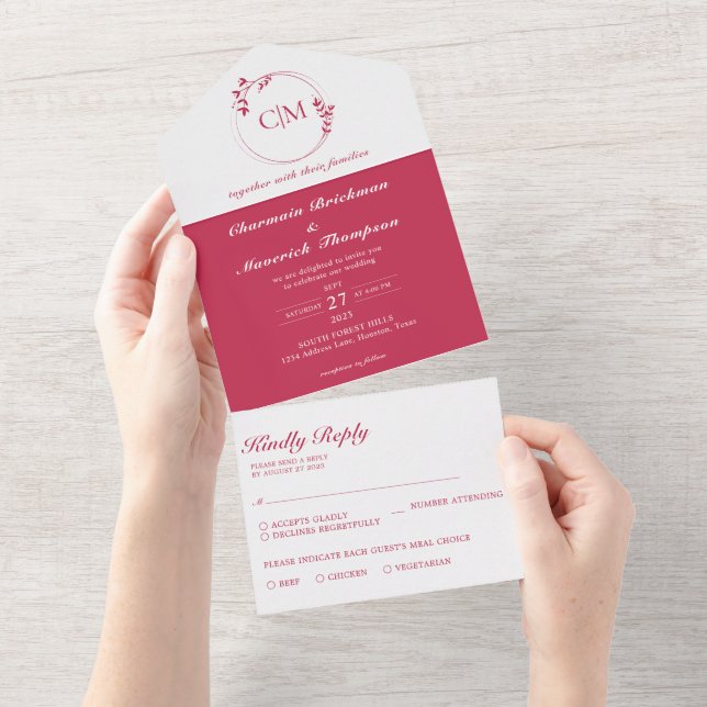 Round Classic Viva Magenta Monogram Wedding All In One Invitation (Tearaway)