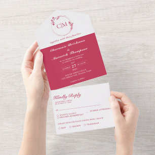 Round Classic Viva Magenta Monogram Wedding All In One Invitation