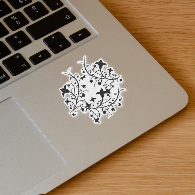 Round Cluster of Pretty Black Abstract Flowers Sticker (Black abstract flowers in round cluster on black stems on vinyl sticker.)