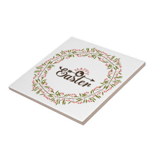 Round Colorful Wreath With Brown Bunny Ceramic Tile