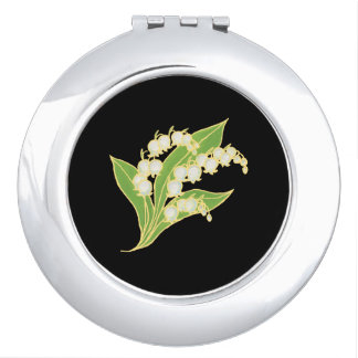 Round Compact Mirror: Lily of the Valley on Black Vanity Mirror