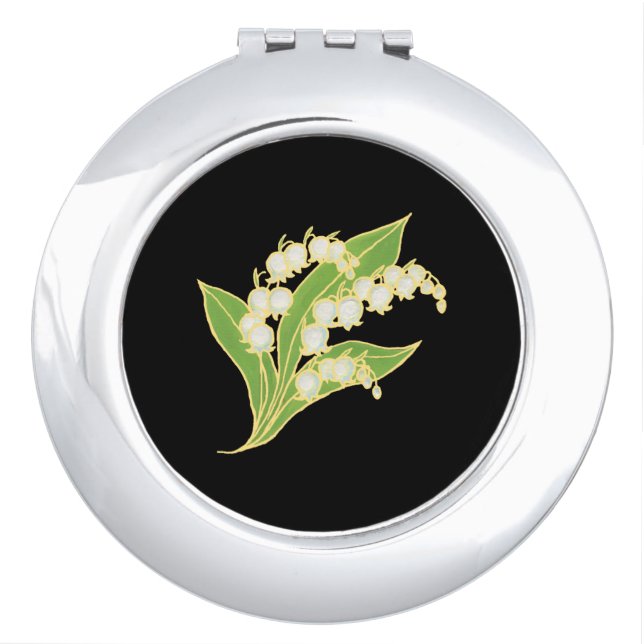 Round Compact Mirror: Lily of the Valley on Black Vanity Mirror (Front)