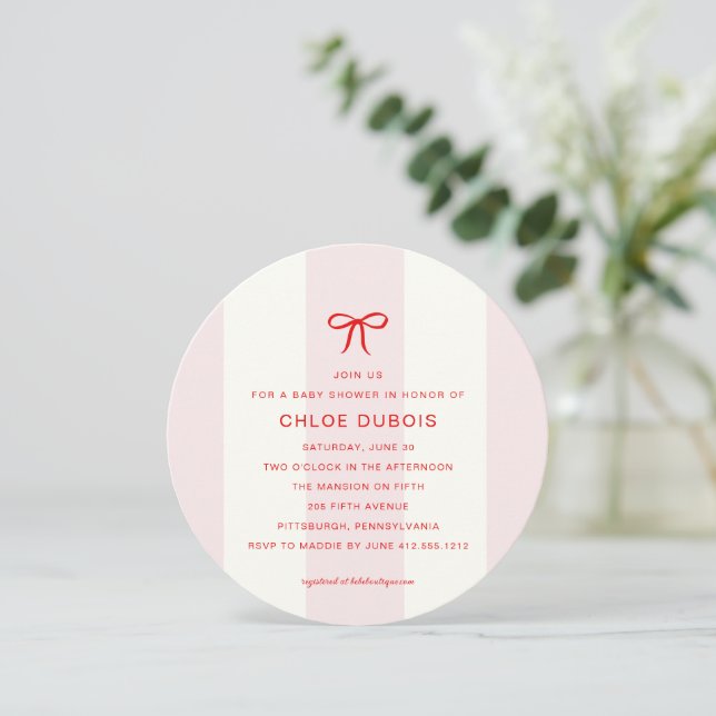 Round Coquette Bow Blush Pink Striped Baby Shower  Invitation (Standing Front)
