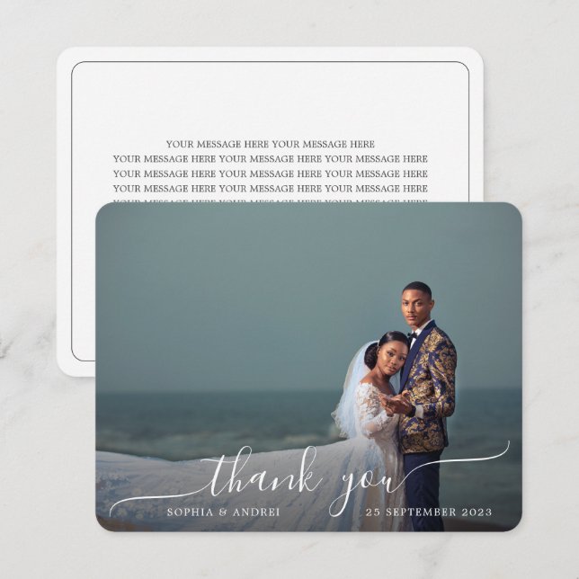 Round Corner Modern Photo Script Border Wedding Thank You Card (Front/Back)