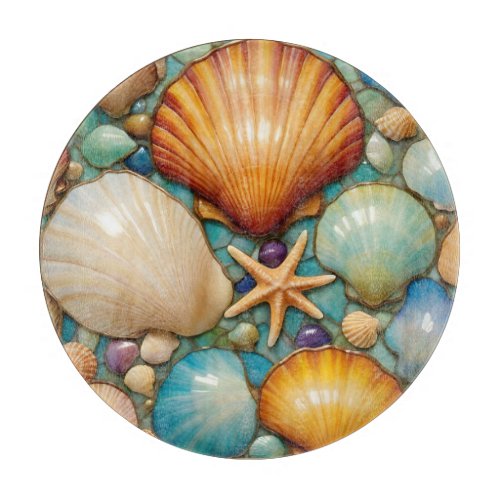 Round Costal Delight Glass Cutting Board