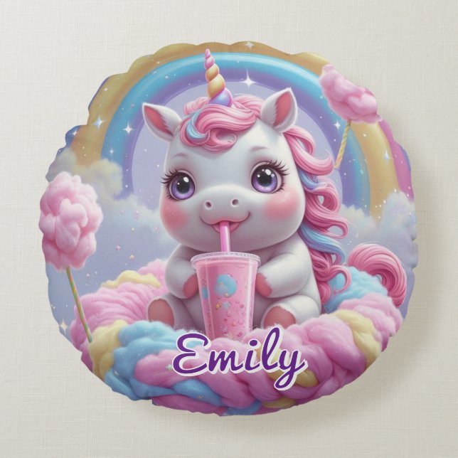 Round Cotton Candy Unicorn Pillow – Editable Name (Front)