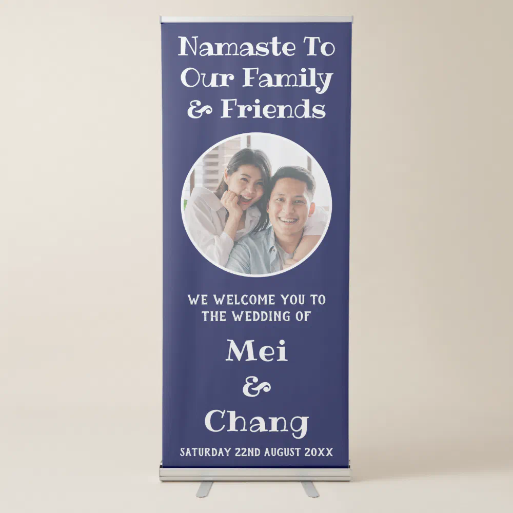 Round Couple Photo Blue And White Wedding Welcome Retractable Banner