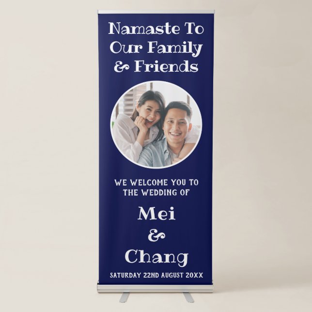 Round Couple Photo Blue And White Wedding Welcome Retractable Banner (Front)