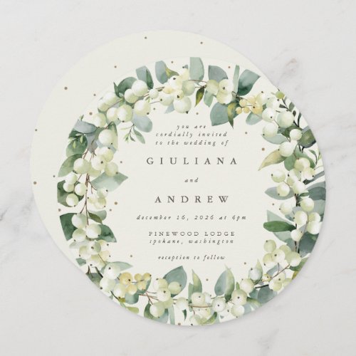 Round Cream SnowberryEucalyptus Wreath Wedding Invitation