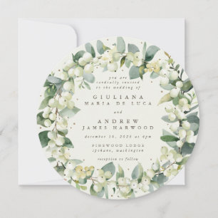 Round Cream Snowberry + Eucalyptus Wreath Wedding Invitation