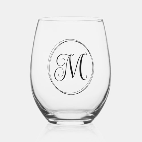 Round Curly Script Monogram Stemless Wine Glass