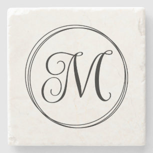 Round Curly Script Monogram Stone Coaster