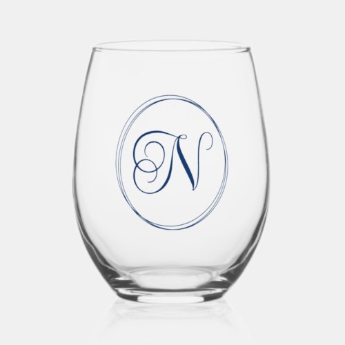Round Curly Script Navy Blue Monogram Stemless Wine Glass