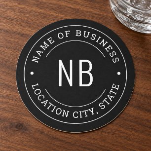 Round Custom Black Business Monogram Location Paper Coaster