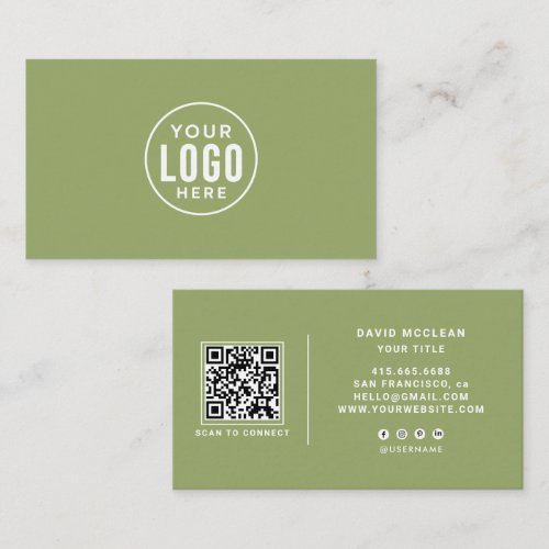 Round Custom Logo QR Code Social Media Sage Green Business Card