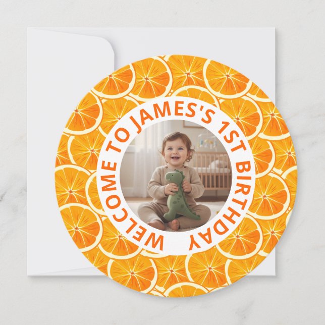 Round Custom Photo & Citrus Birthday Invitation (Front)