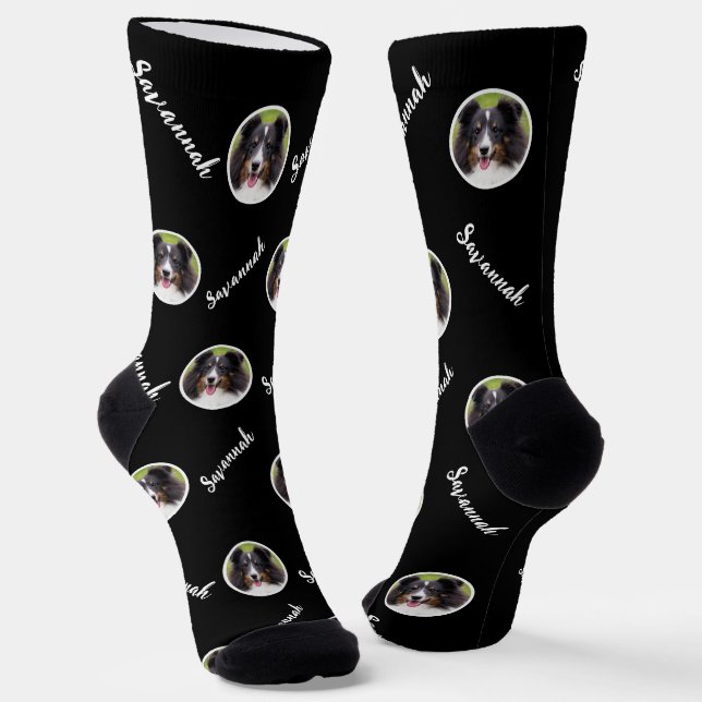 Round Custom Photo Template With Name On Black Socks (Angled)