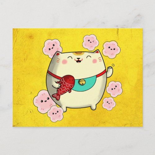 Round Cute Maneki Neko Cat Postcard