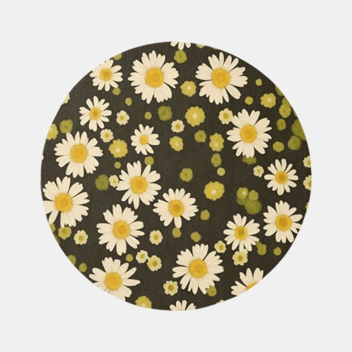 Round Daisy Rug _ Black Floral Circular Area Rug