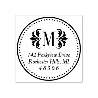 Round Damask Monogram Initial Return Address Rubber Stamp
