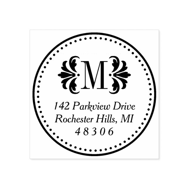 Round Damask Monogram Initial Return Address Rubber Stamp (Imprint)