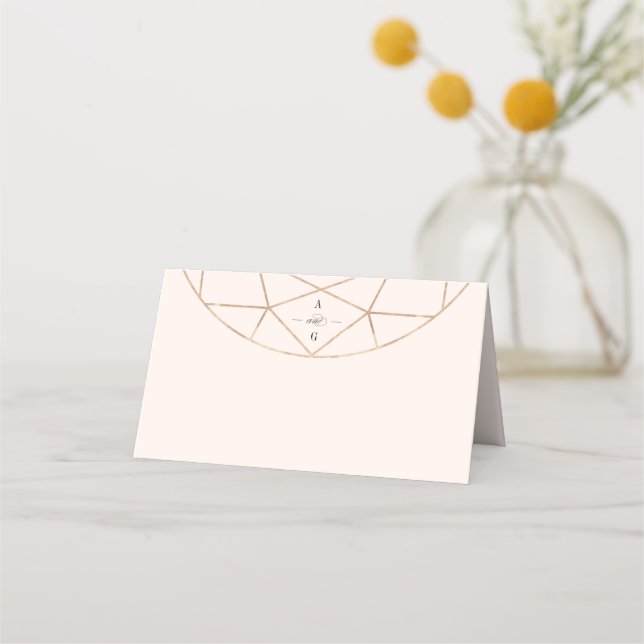 Round Diamond Gem Geometric Monogram Chic Wedding Place Card (Front)