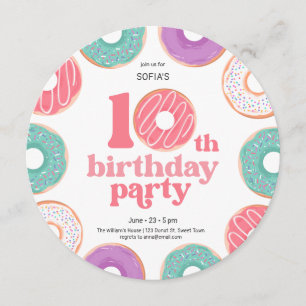 Round Donut Party Girl 10th Birthday Invitation
