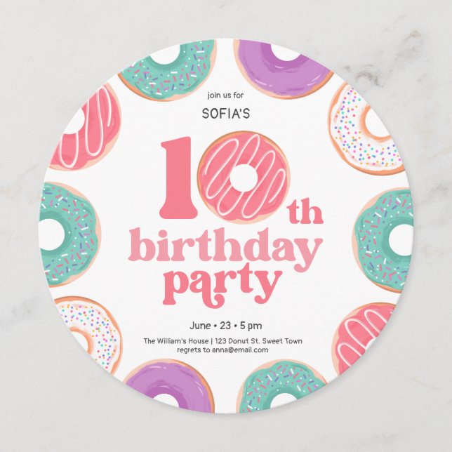 Round Donut Party Girl 10th Birthday Invitation (Front)