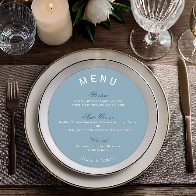 Round Dusty Blue Elegant Navy Calligraphy Wedding Menu (Creator Uploaded)