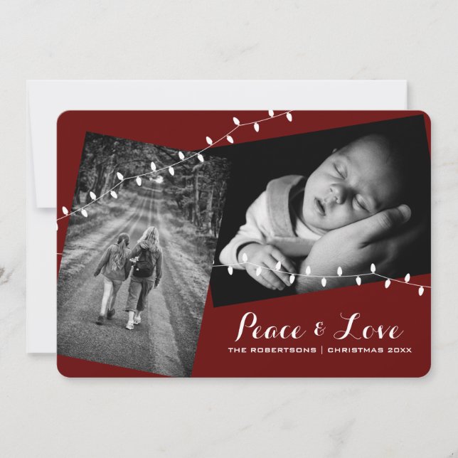 Round Edge Red Peace Love Christmas Photos Lights Holiday Card (Front)