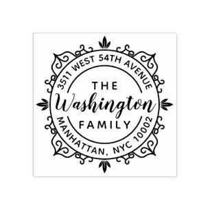 Round Elegant Script Family Name Return Address Rubber Stamp