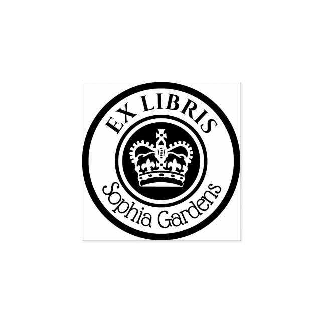 Round Ex Libris Crown (White on Black) Rubber Stamp (Imprint)