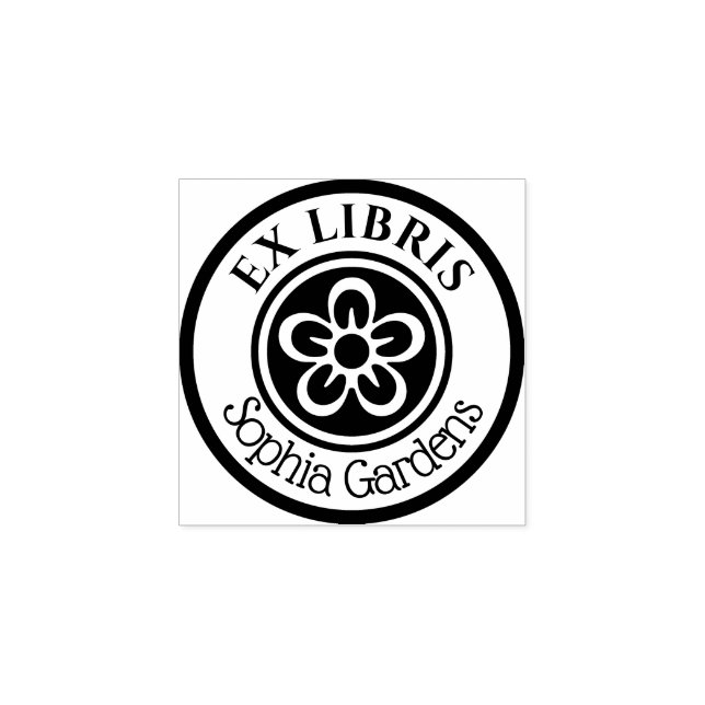 Round Ex Libris Flower Motif (White on Black) Rubber Stamp (Imprint)