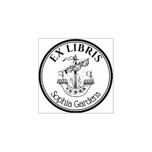 Round Ex Libris Lymphad Motif v2 Rubber Stamp