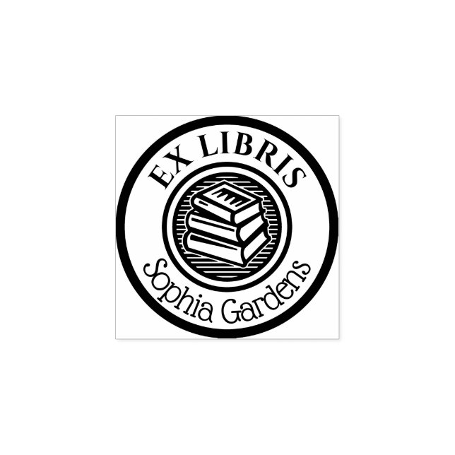 Round Ex Libris Stacked Books Motif Rubber Stamp (Imprint)