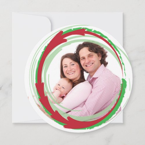 Round Family Photo Red  Green Christmas Card