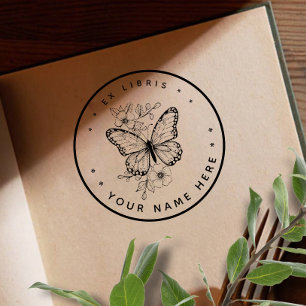 Round Floral butterfly ex libris stamp