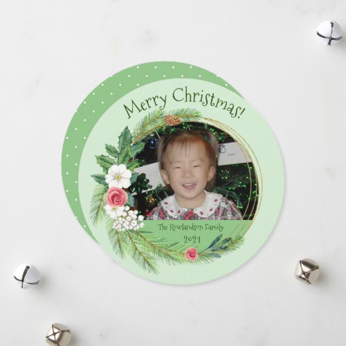 Round Floral Elegance Photo Christmas Holiday Card