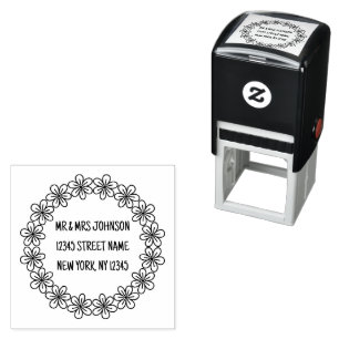 Round floral laurel wreath border custom address self-inking stamp